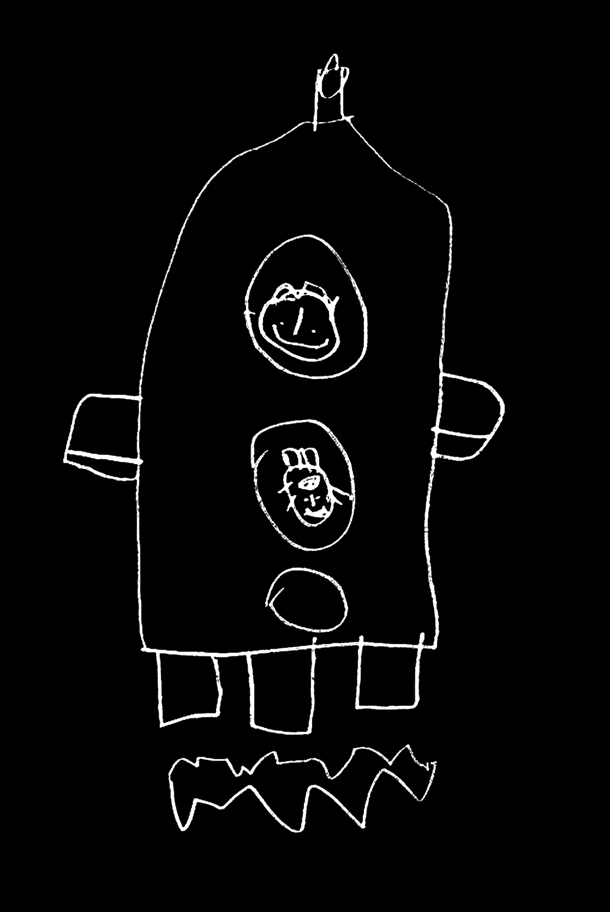 My son's drawing. Him and his cat in a rocket to the moon, to visit daddy.